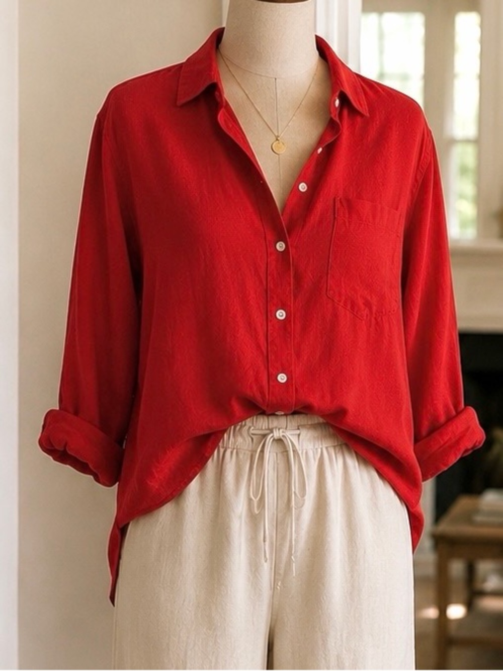 GAP Linen Red Relaxed Button-Down Shirt - Women